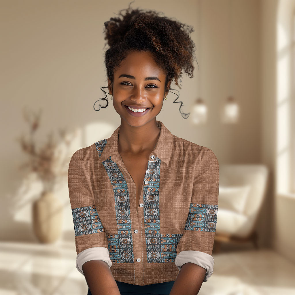 African Ndebele Traditional Attire Women Casual Shirt Brown Ndebele Stripe