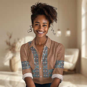 African Ndebele Traditional Attire Women Casual Shirt Brown Ndebele Stripe