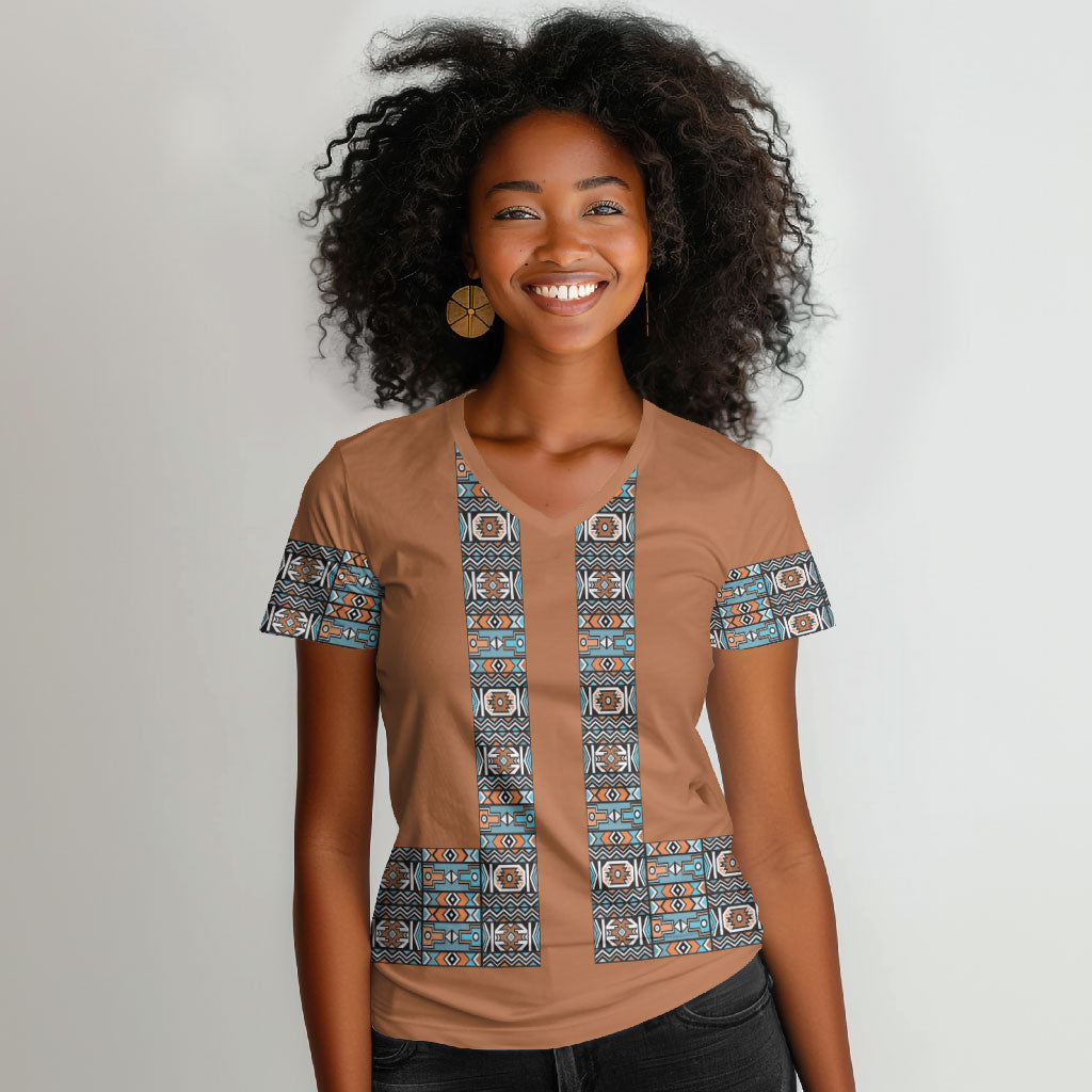 African Ndebele Traditional Attire Women V-Neck T-Shirt Brown Ndebele Stripe