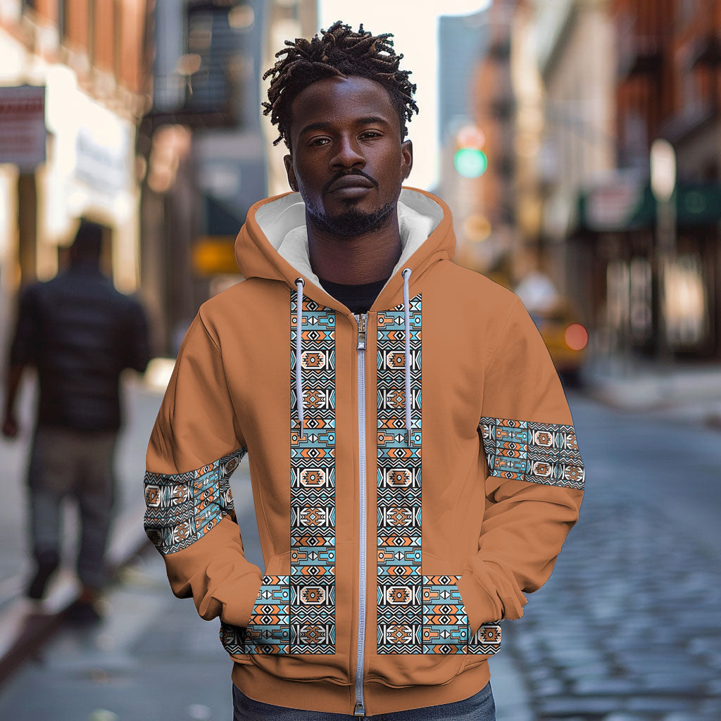African Ndebele Traditional Attire Zip Hoodie Brown Ndebele Stripe