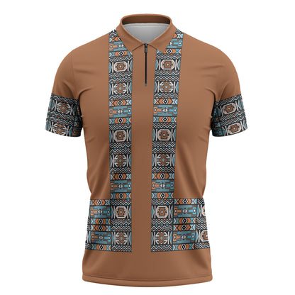 African Ndebele Traditional Attire Zipper Polo Shirt Brown Ndebele Stripe