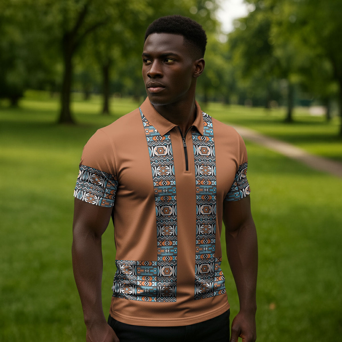African Ndebele Traditional Attire Zipper Polo Shirt Brown Ndebele Stripe