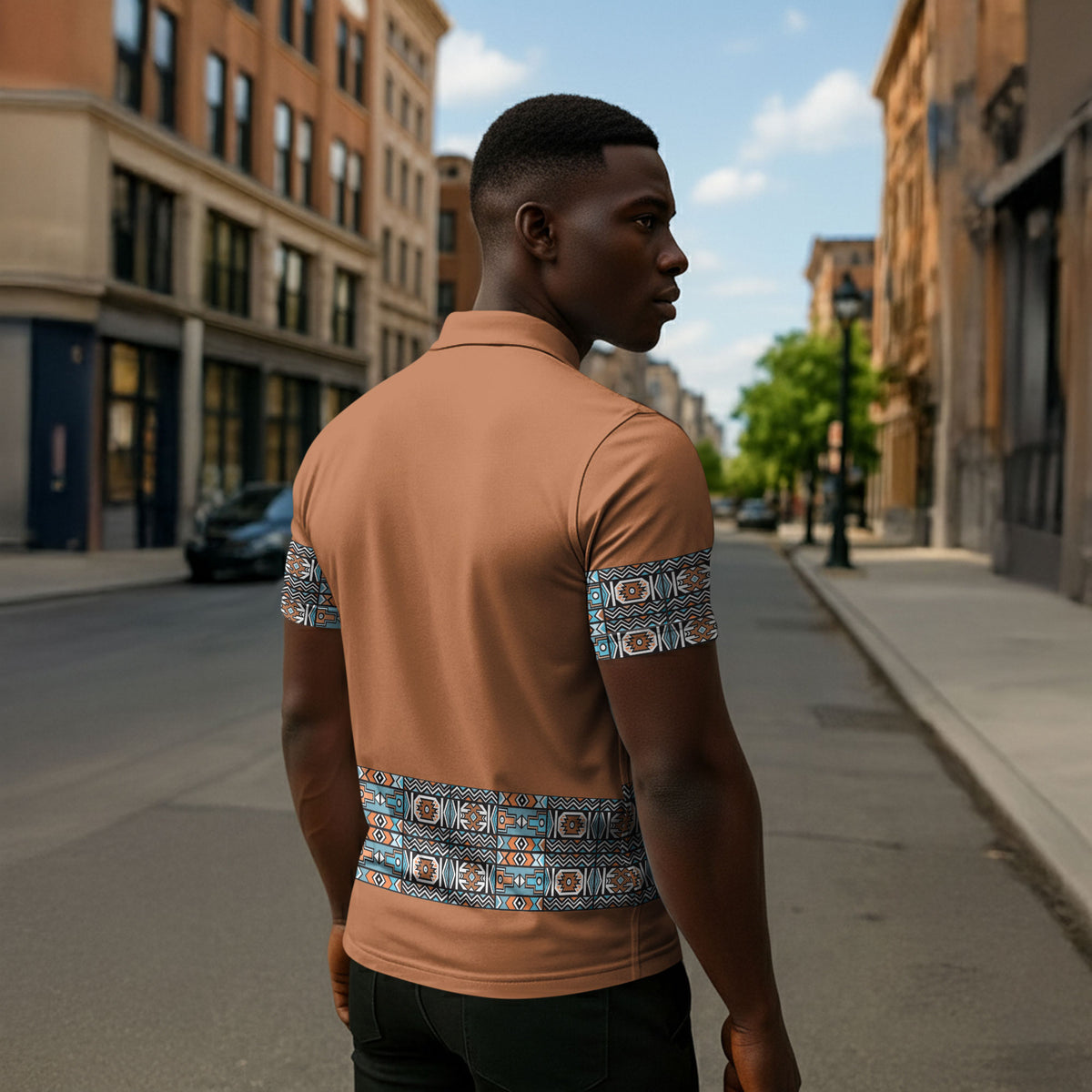 African Ndebele Traditional Attire Zipper Polo Shirt Brown Ndebele Stripe