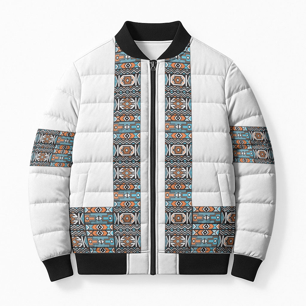 African Ndebele Traditional Attire Bomber Puffer Jacket White Ndebele Stripe