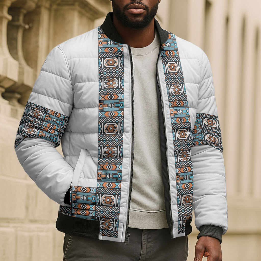 African Ndebele Traditional Attire Bomber Puffer Jacket White Ndebele Stripe
