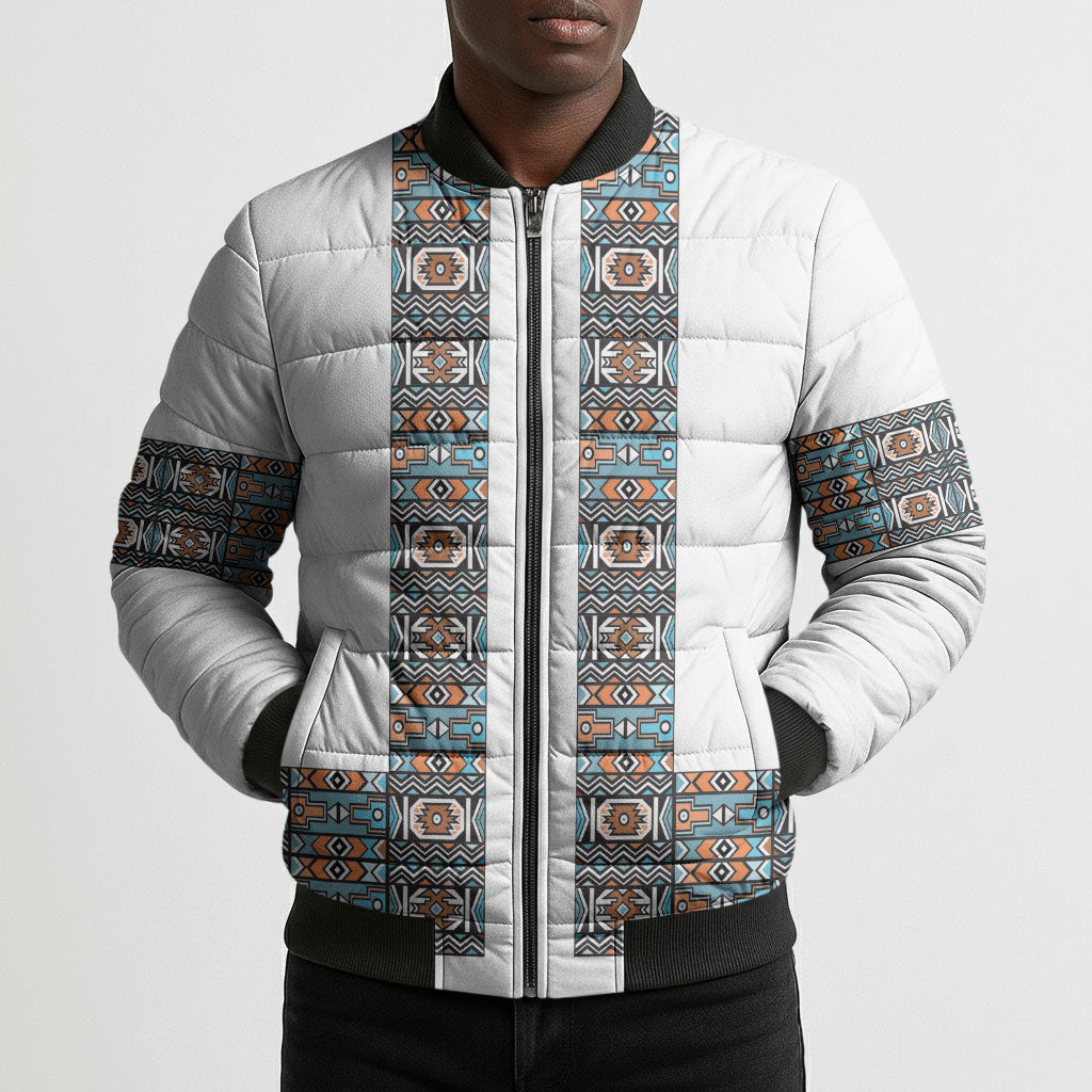 African Ndebele Traditional Attire Bomber Puffer Jacket White Ndebele Stripe