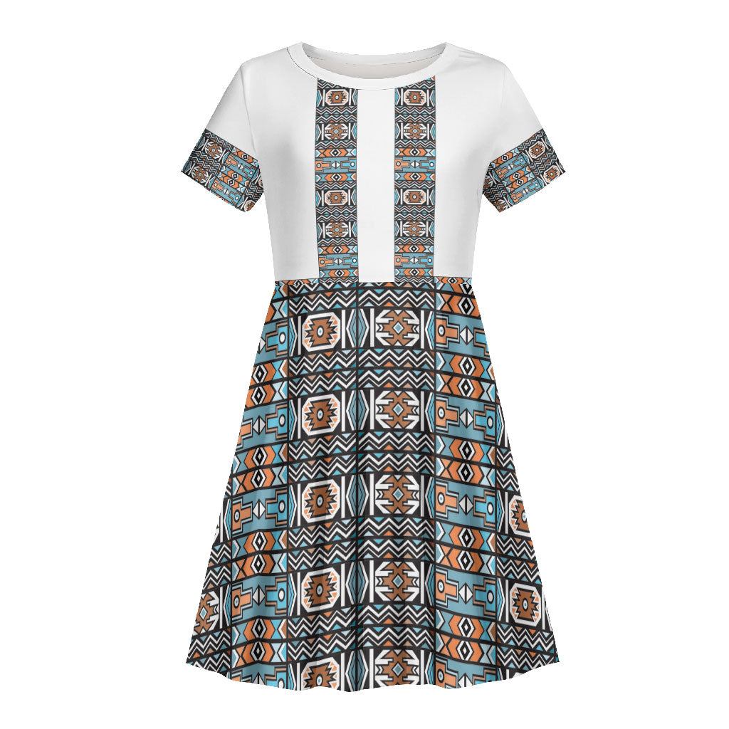 African Ndebele Traditional Attire Kid Short Sleeve Dress White Ndebele Stripe