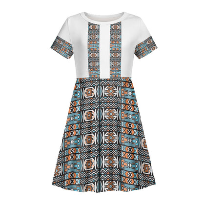 African Ndebele Traditional Attire Kid Short Sleeve Dress White Ndebele Stripe