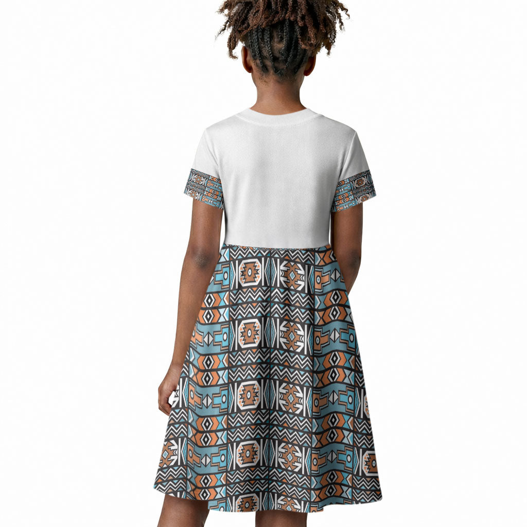African Ndebele Traditional Attire Kid Short Sleeve Dress White Ndebele Stripe