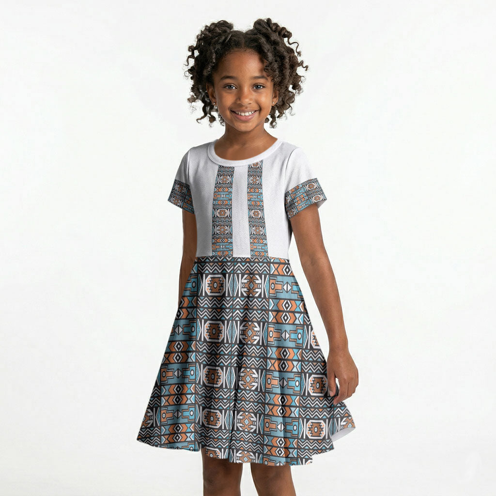 African Ndebele Traditional Attire Kid Short Sleeve Dress White Ndebele Stripe