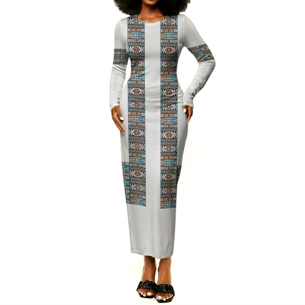 African Ndebele Traditional Attire Long Sleeve Bodycon Dress White Ndebele Stripe
