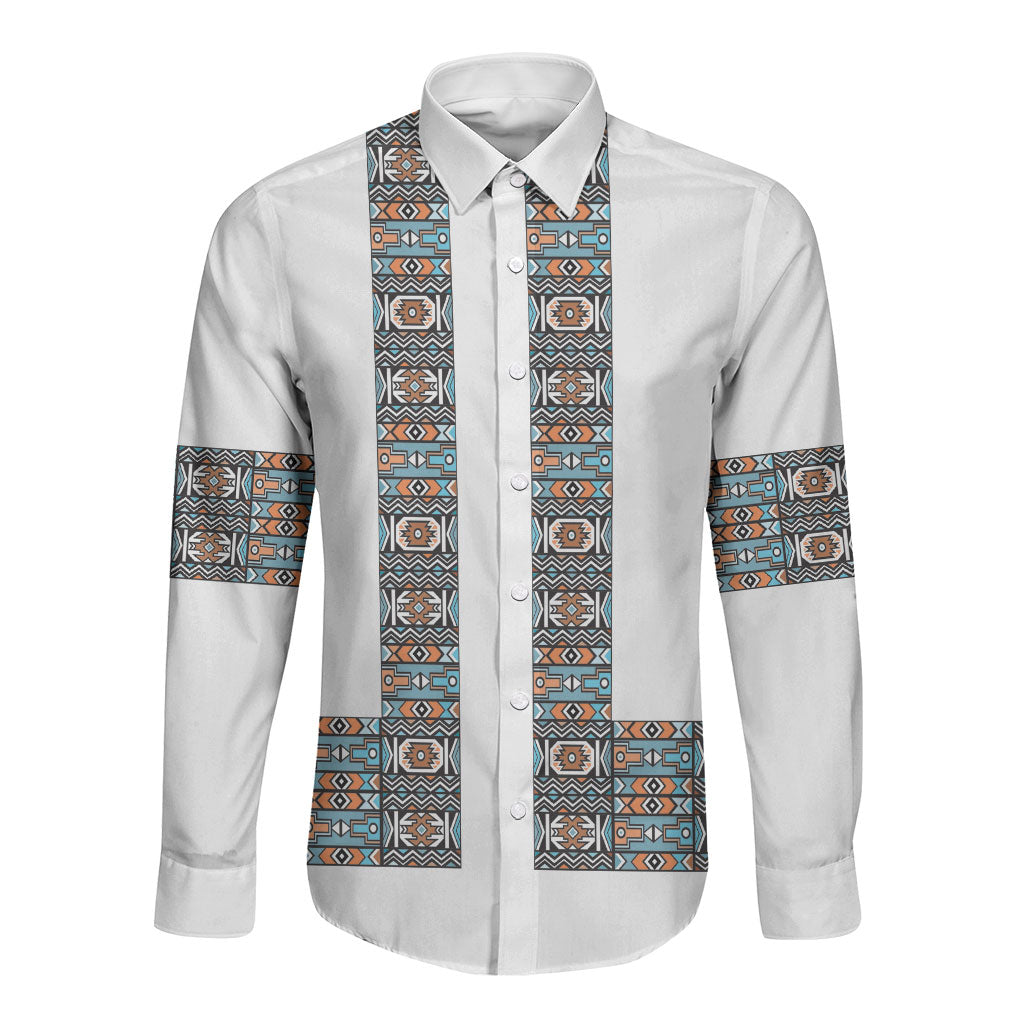 African Ndebele Traditional Attire Long Sleeve Button Shirt White Ndebele Stripe