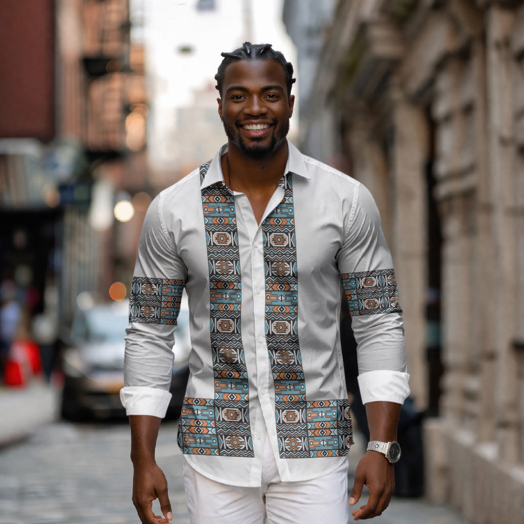 African Ndebele Traditional Attire Long Sleeve Button Shirt White Ndebele Stripe