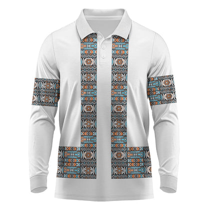 African Ndebele Traditional Attire Long Sleeve Polo Shirt White Ndebele Stripe