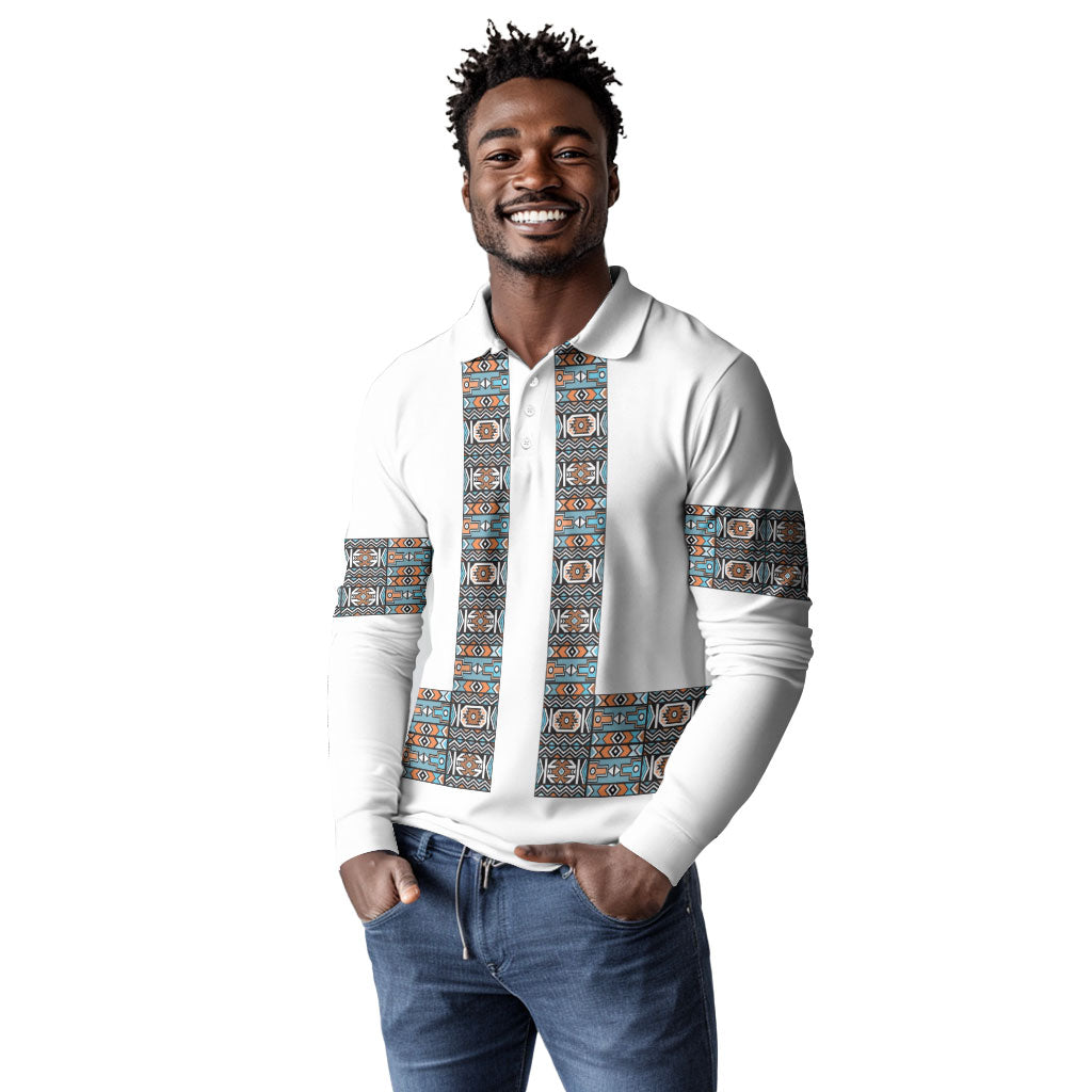 African Ndebele Traditional Attire Long Sleeve Polo Shirt White Ndebele Stripe