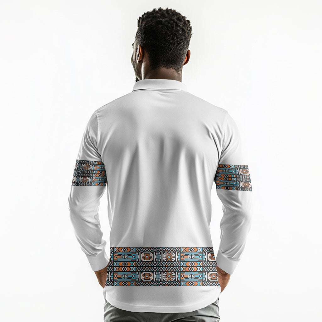 African Ndebele Traditional Attire Long Sleeve Polo Shirt White Ndebele Stripe