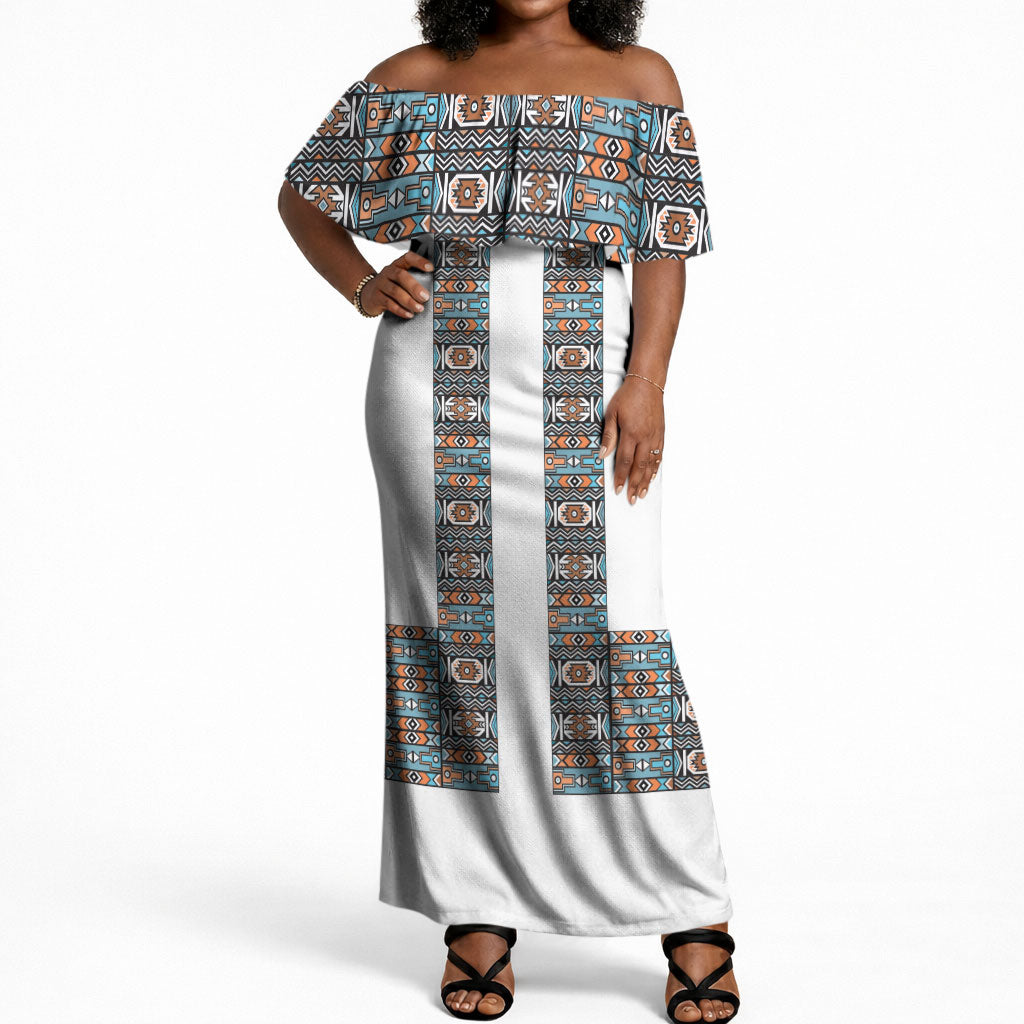 African Ndebele Traditional Attire Off Shoulder Maxi Dress White Ndebele Stripe