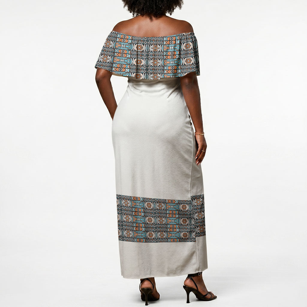 African Ndebele Traditional Attire Off Shoulder Maxi Dress White Ndebele Stripe