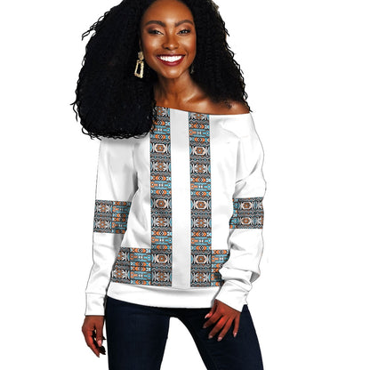 African Ndebele Traditional Attire Off Shoulder Sweater White Ndebele Stripe