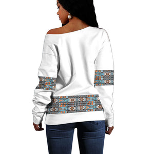 African Ndebele Traditional Attire Off Shoulder Sweater White Ndebele Stripe