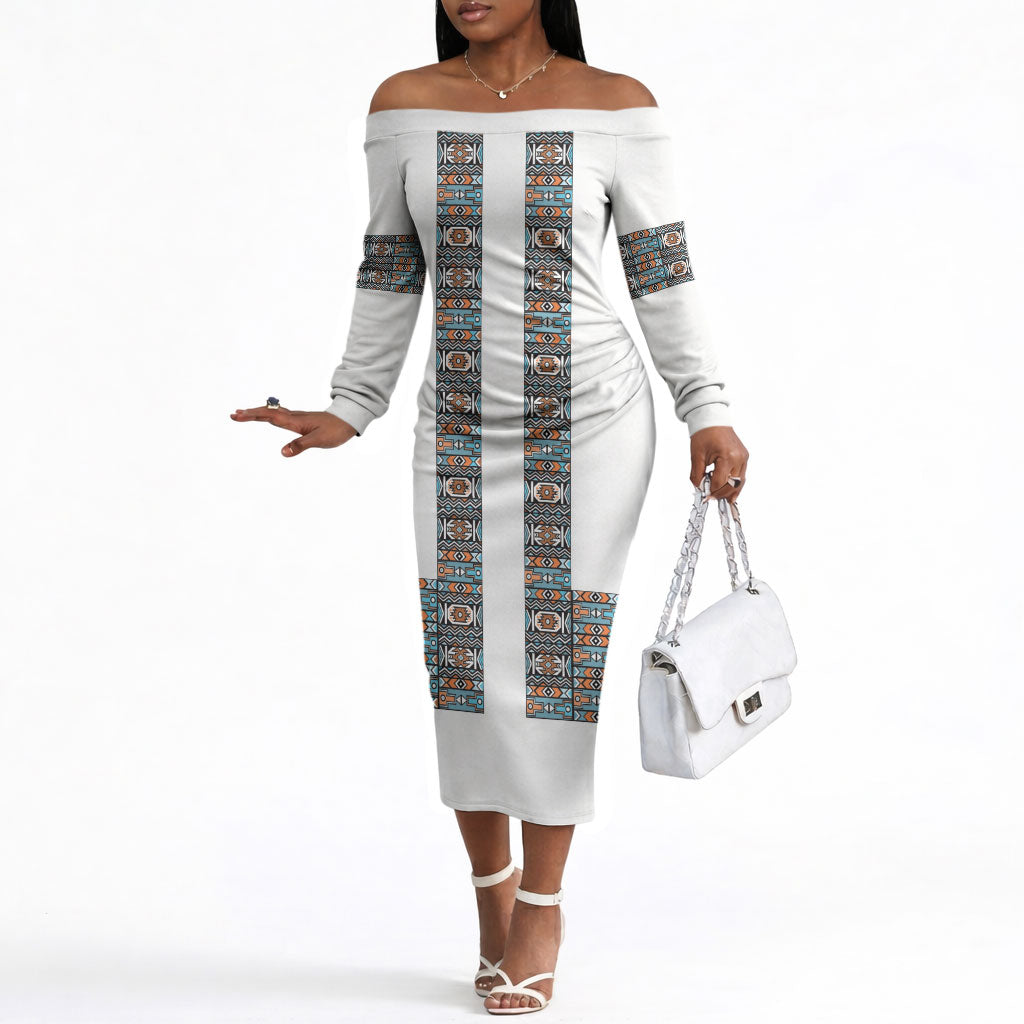 African Ndebele Traditional Attire Off The Shoulder Long Sleeve Dress White Ndebele Stripe