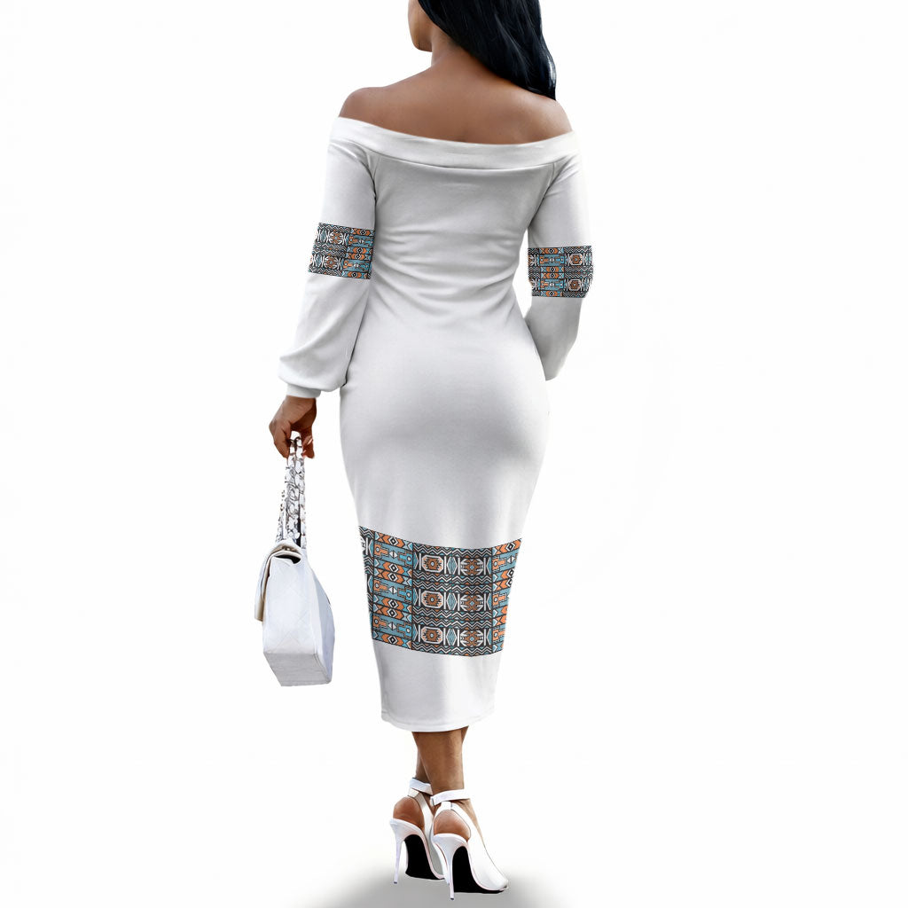 African Ndebele Traditional Attire Off The Shoulder Long Sleeve Dress White Ndebele Stripe