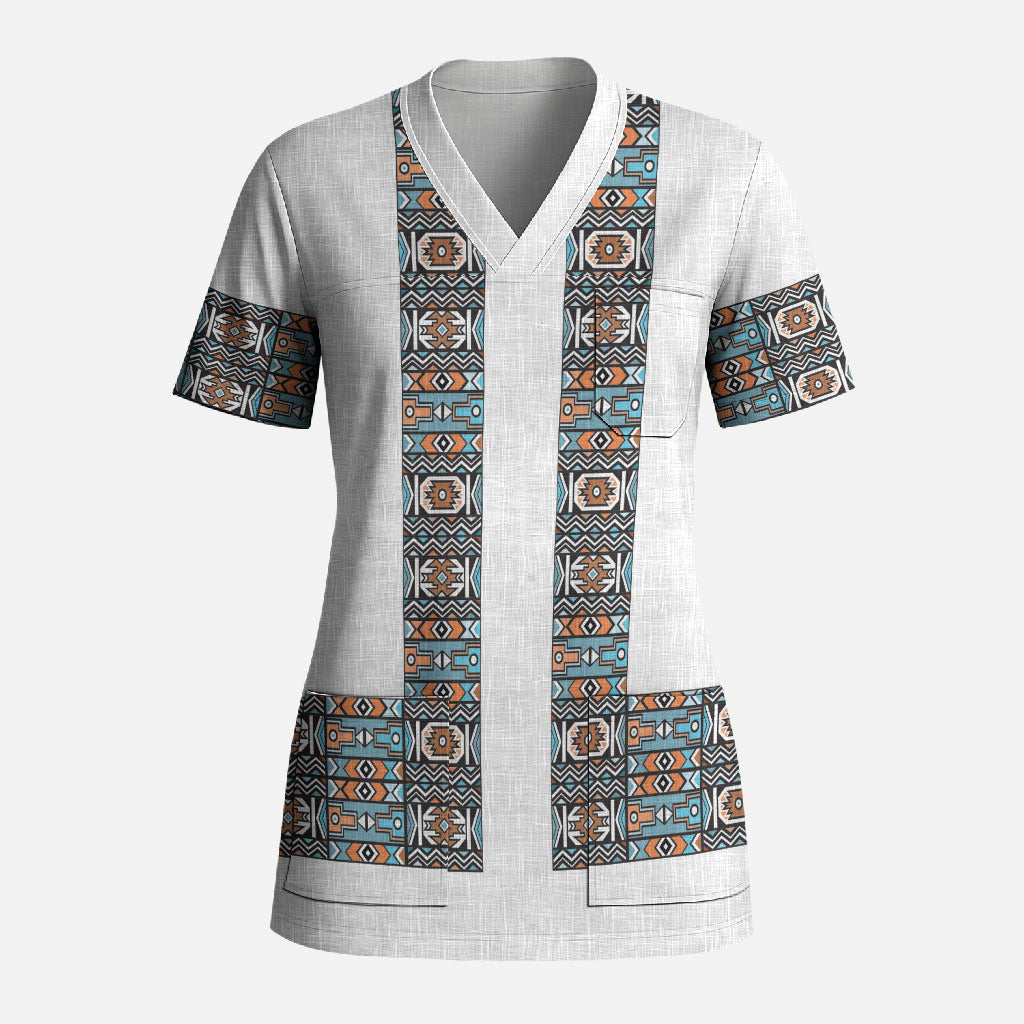 African Ndebele Traditional Attire Scrub Top White Ndebele Stripe