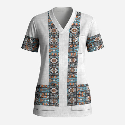 African Ndebele Traditional Attire Scrub Top White Ndebele Stripe