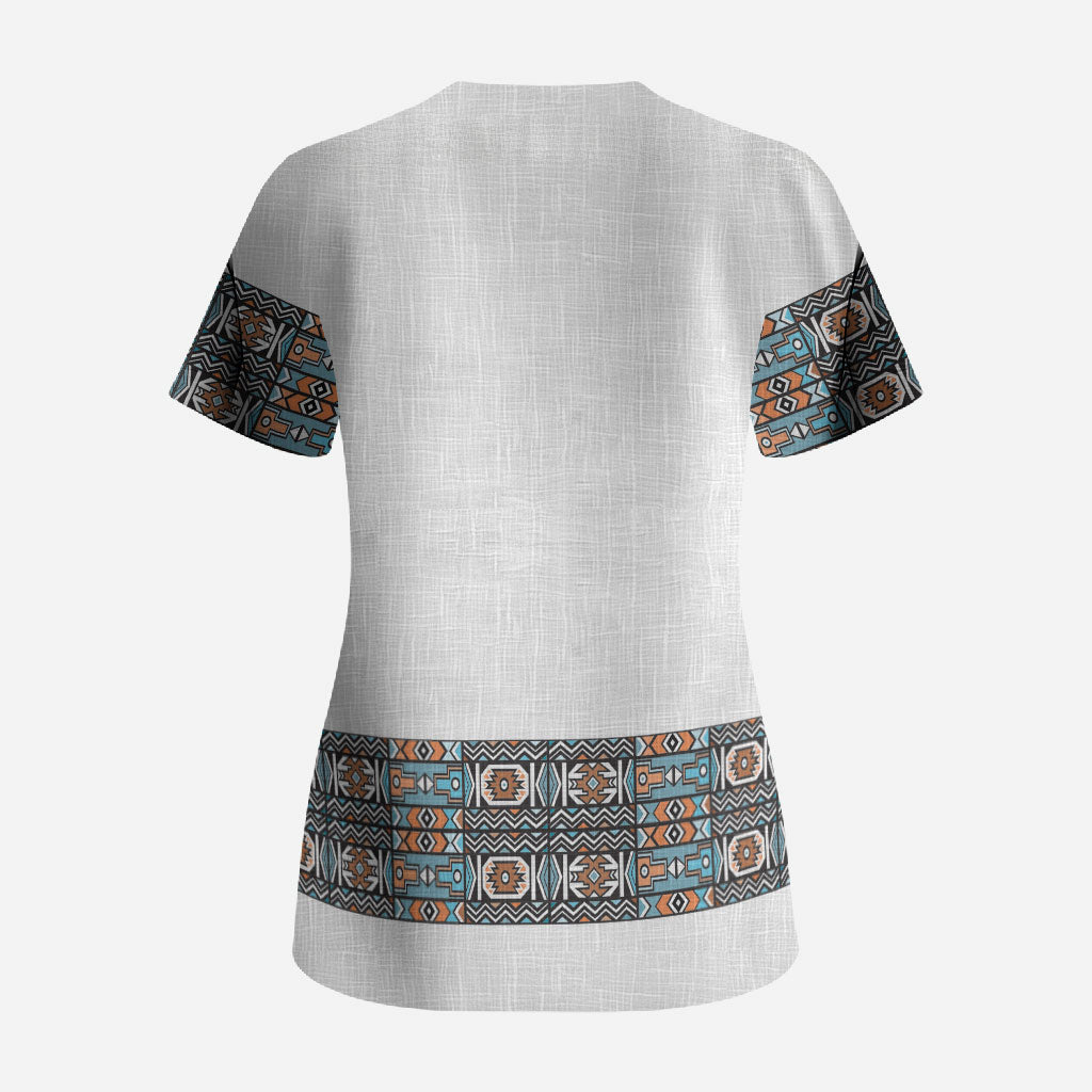 African Ndebele Traditional Attire Scrub Top White Ndebele Stripe