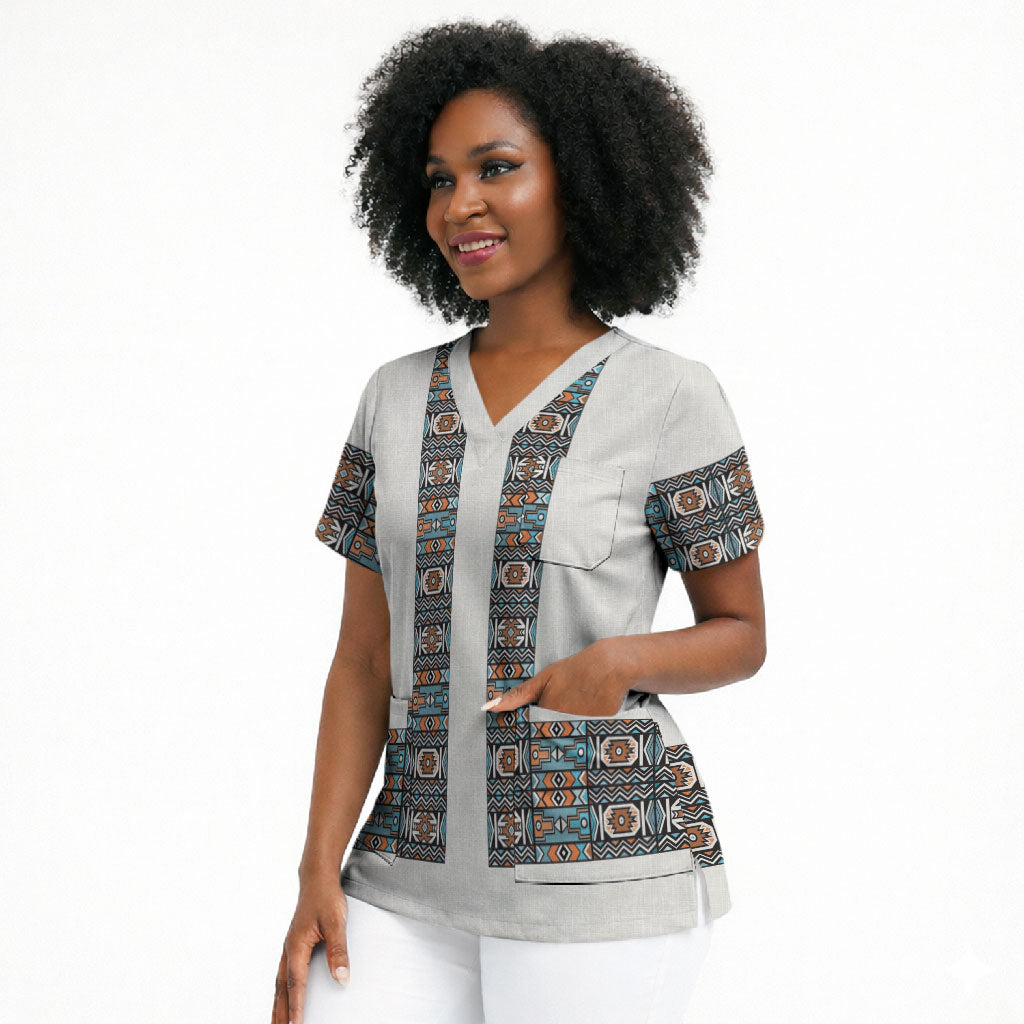 African Ndebele Traditional Attire Scrub Top White Ndebele Stripe