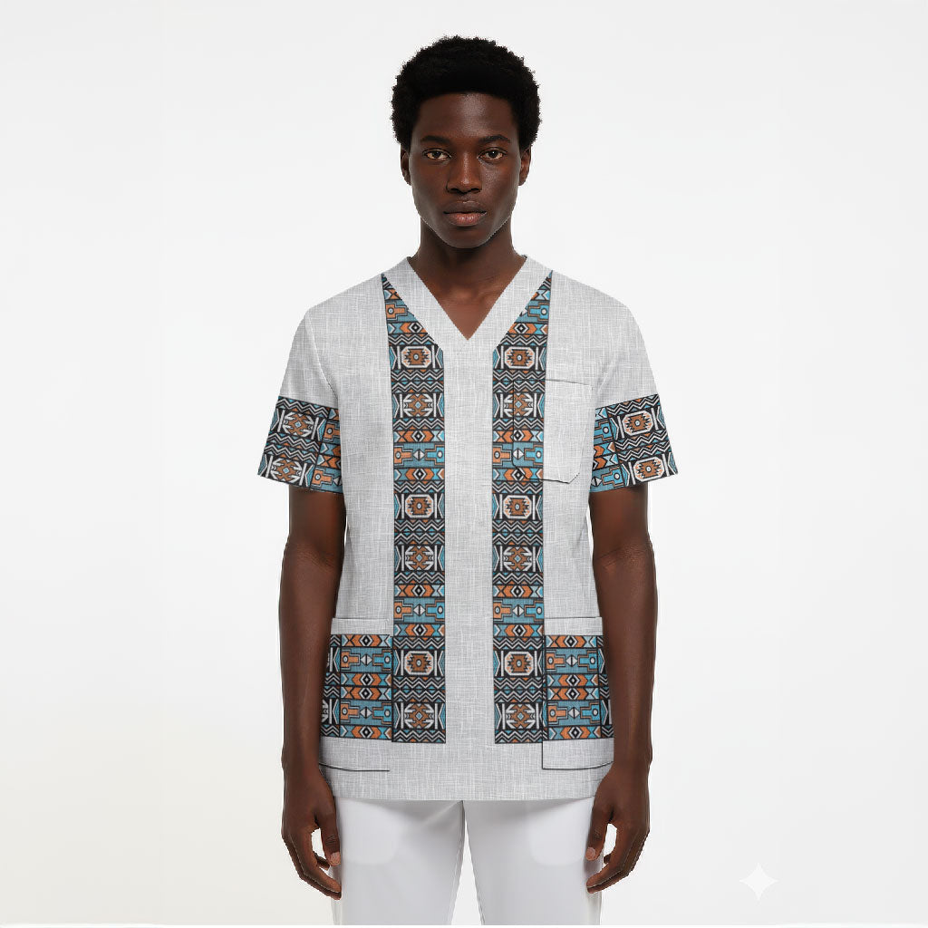 African Ndebele Traditional Attire Scrub Top White Ndebele Stripe