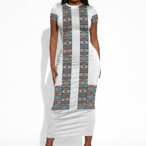 African Ndebele Traditional Attire Short Sleeve Bodycon Dress White Ndebele Stripe