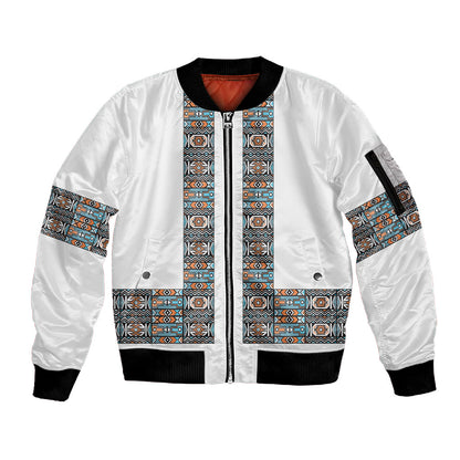 African Ndebele Traditional Attire Sleeve Zip Bomber Jacket White Ndebele Stripe