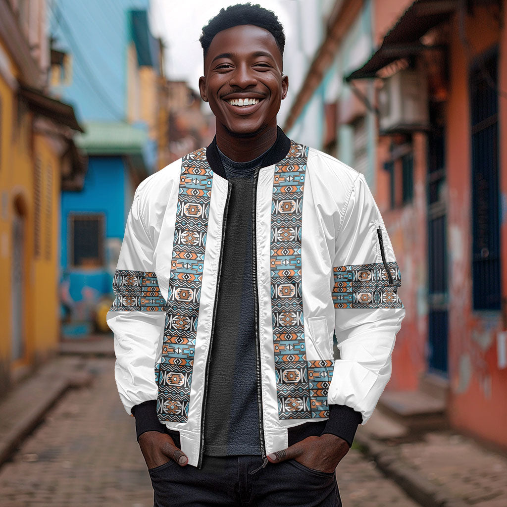 African Ndebele Traditional Attire Sleeve Zip Bomber Jacket White Ndebele Stripe