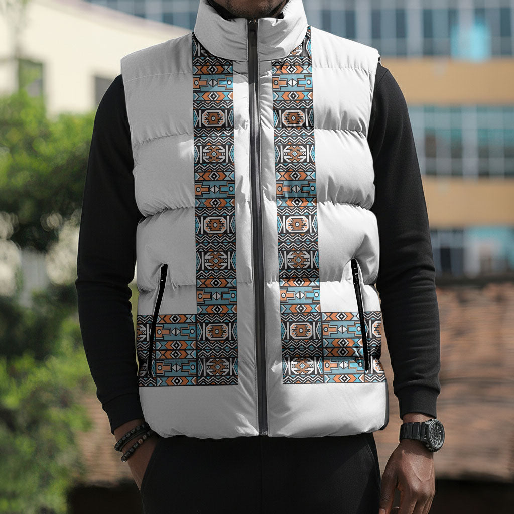 African Ndebele Traditional Attire Sleeveless Puffer Jacket White Ndebele Stripe
