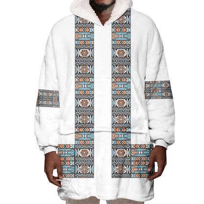 African Ndebele Traditional Attire Wearable Blanket Hoodie White Ndebele Stripe