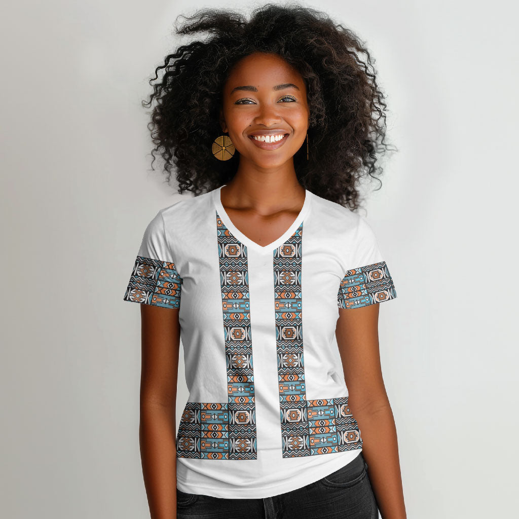 African Ndebele Traditional Attire Women V-Neck T-Shirt White Ndebele Stripe