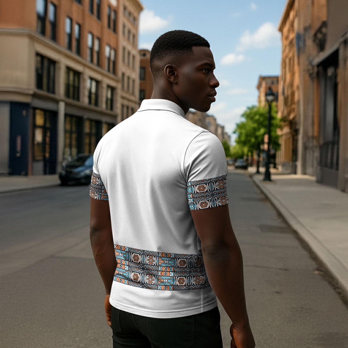 African Ndebele Traditional Attire Zipper Polo Shirt White Ndebele Stripe