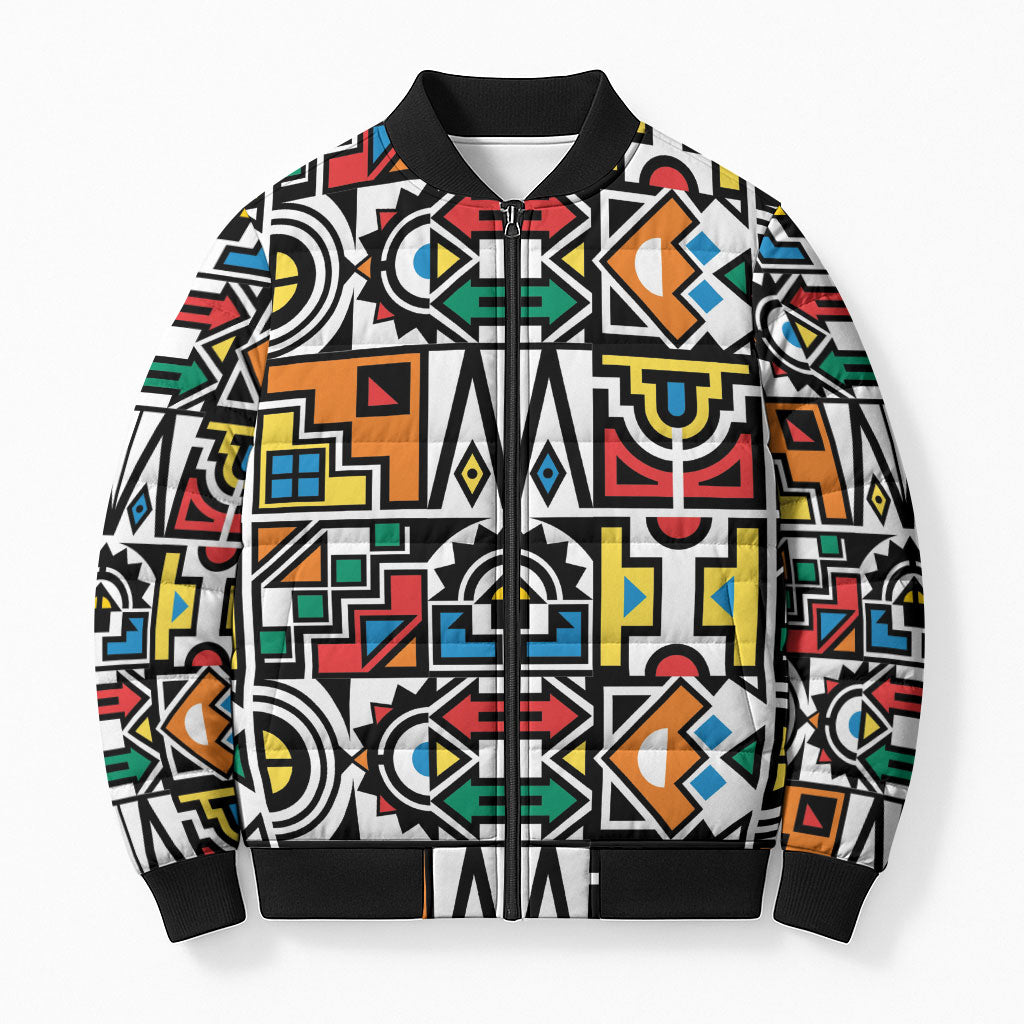 African Geometric Ndebele Patterns Bomber Puffer Jacket