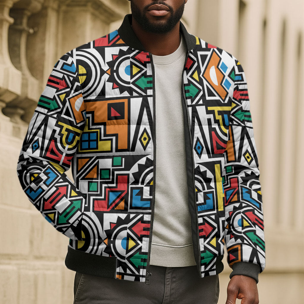 African Geometric Ndebele Patterns Bomber Puffer Jacket