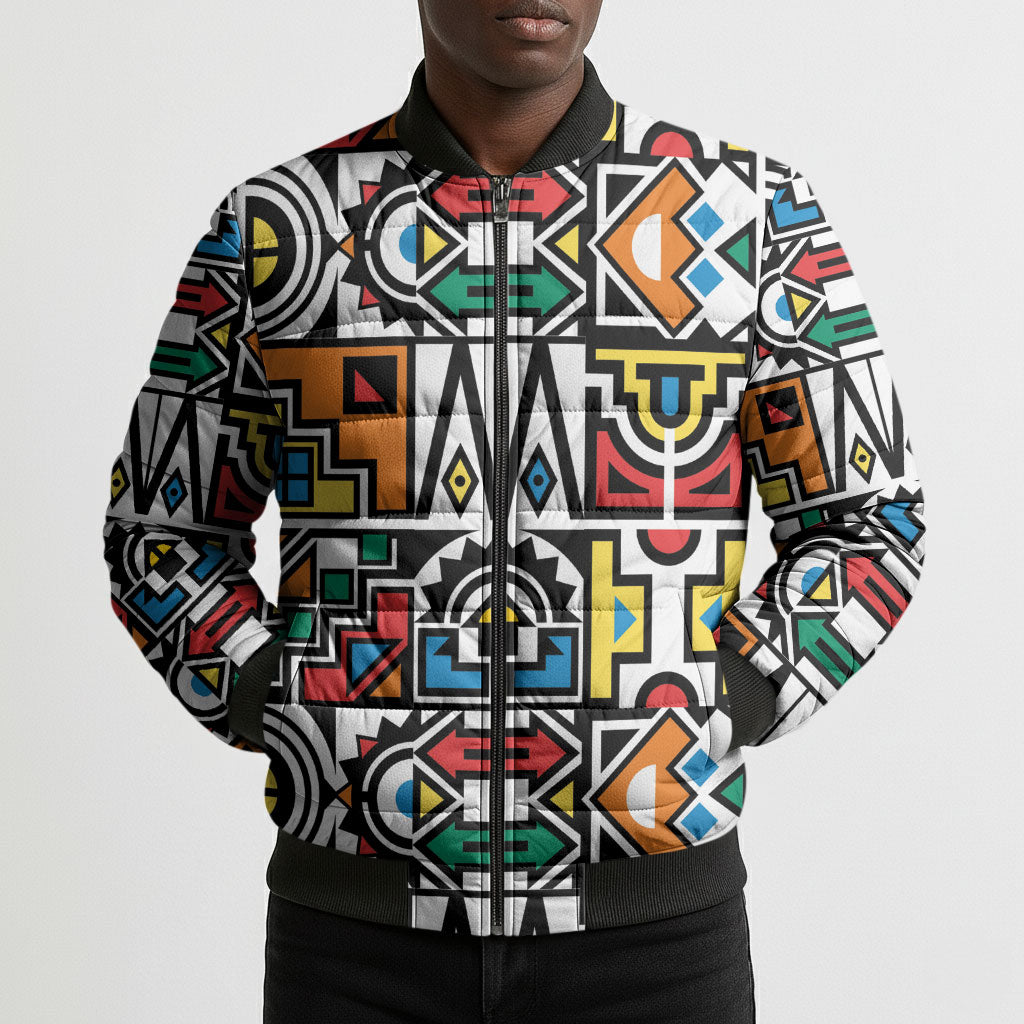 African Geometric Ndebele Patterns Bomber Puffer Jacket