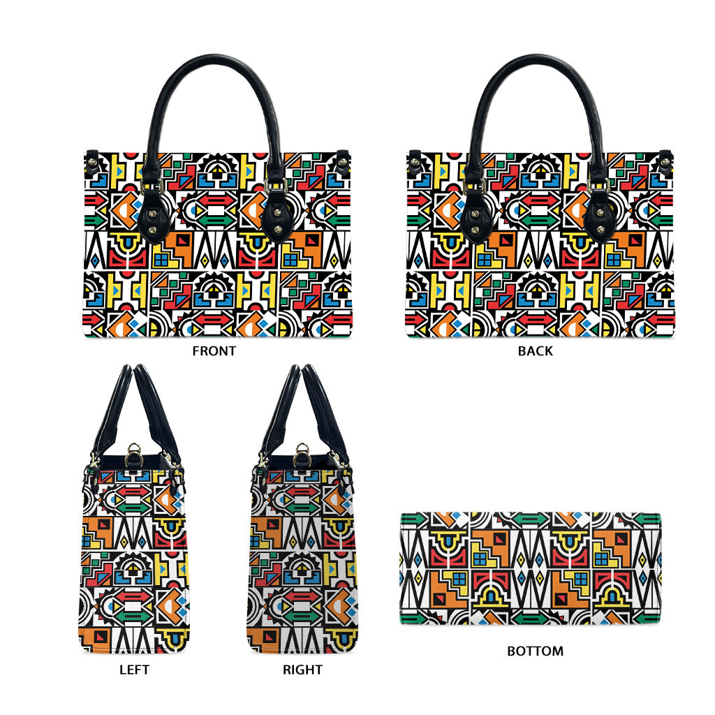 African Geometric Ndebele Patterns Leather Bag