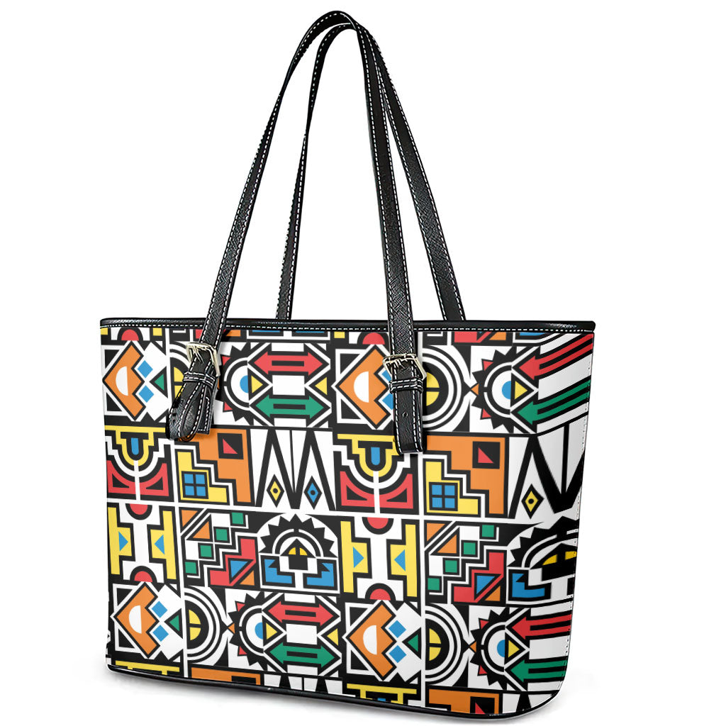 African Geometric Ndebele Patterns Leather Tote Bag