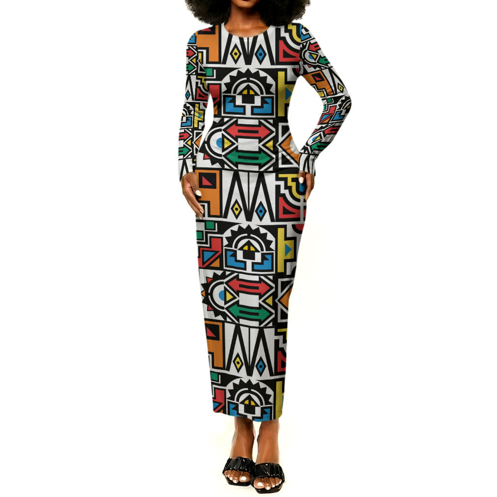 African Geometric Ndebele Patterns Long Sleeve Bodycon Dress