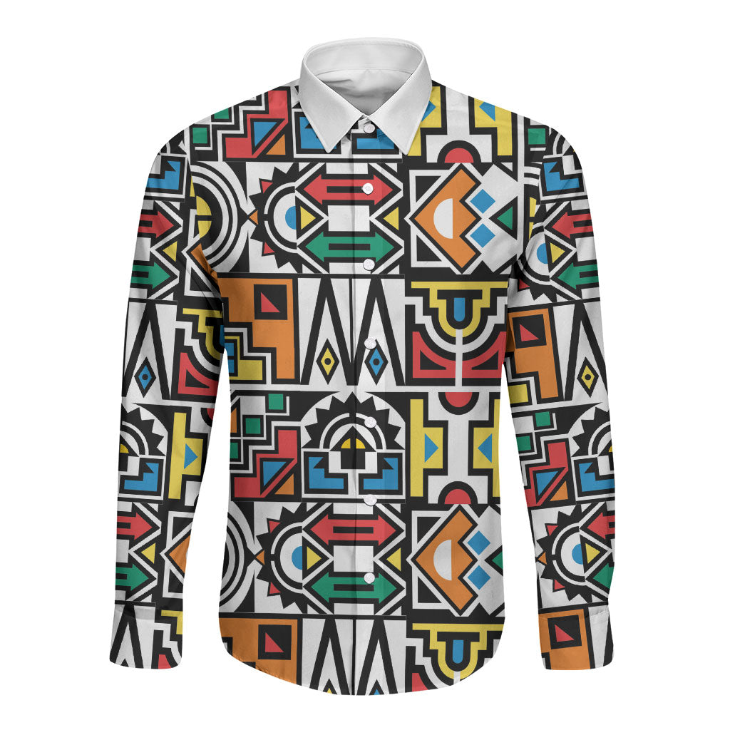 African Geometric Ndebele Patterns Long Sleeve Button Shirt