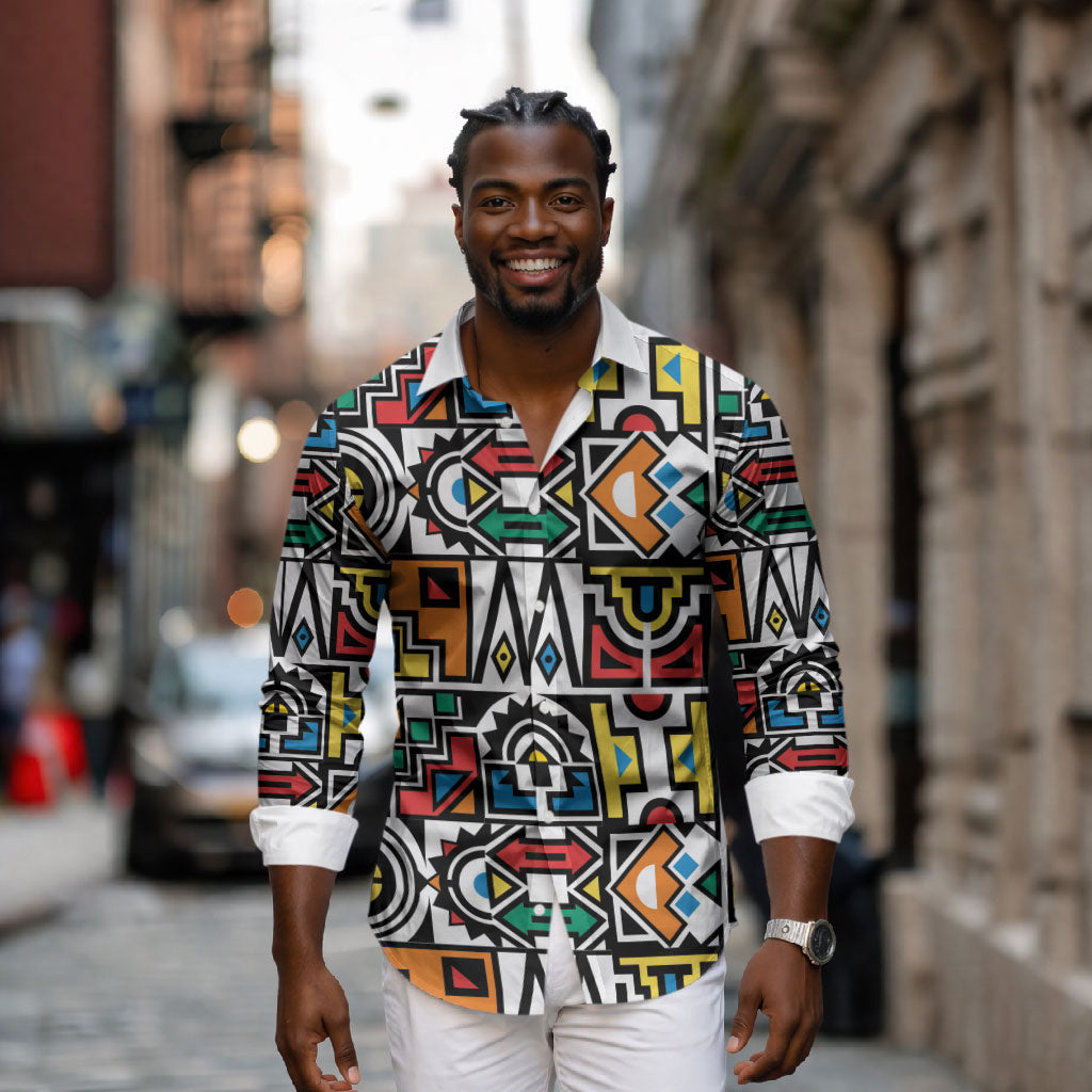 African Geometric Ndebele Patterns Long Sleeve Button Shirt