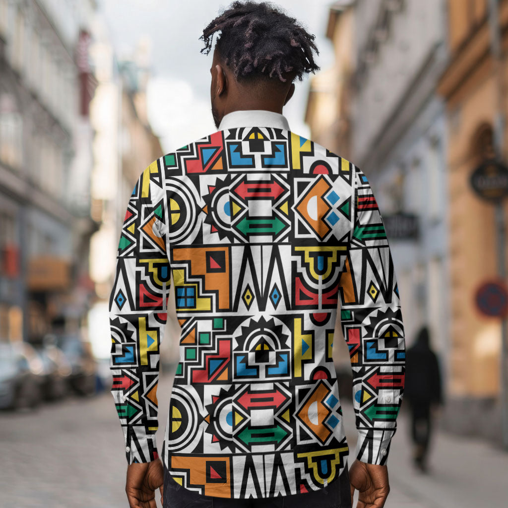 African Geometric Ndebele Patterns Long Sleeve Button Shirt
