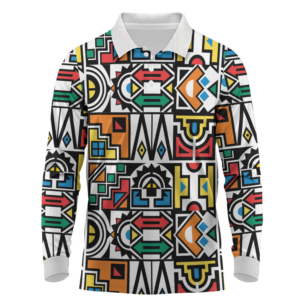 African Geometric Ndebele Patterns Long Sleeve Polo Shirt