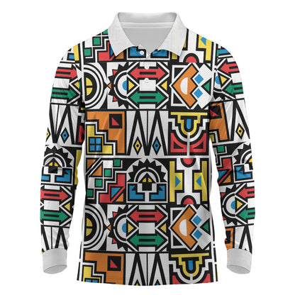 African Geometric Ndebele Patterns Long Sleeve Polo Shirt