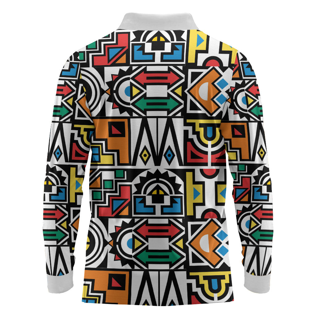 African Geometric Ndebele Patterns Long Sleeve Polo Shirt